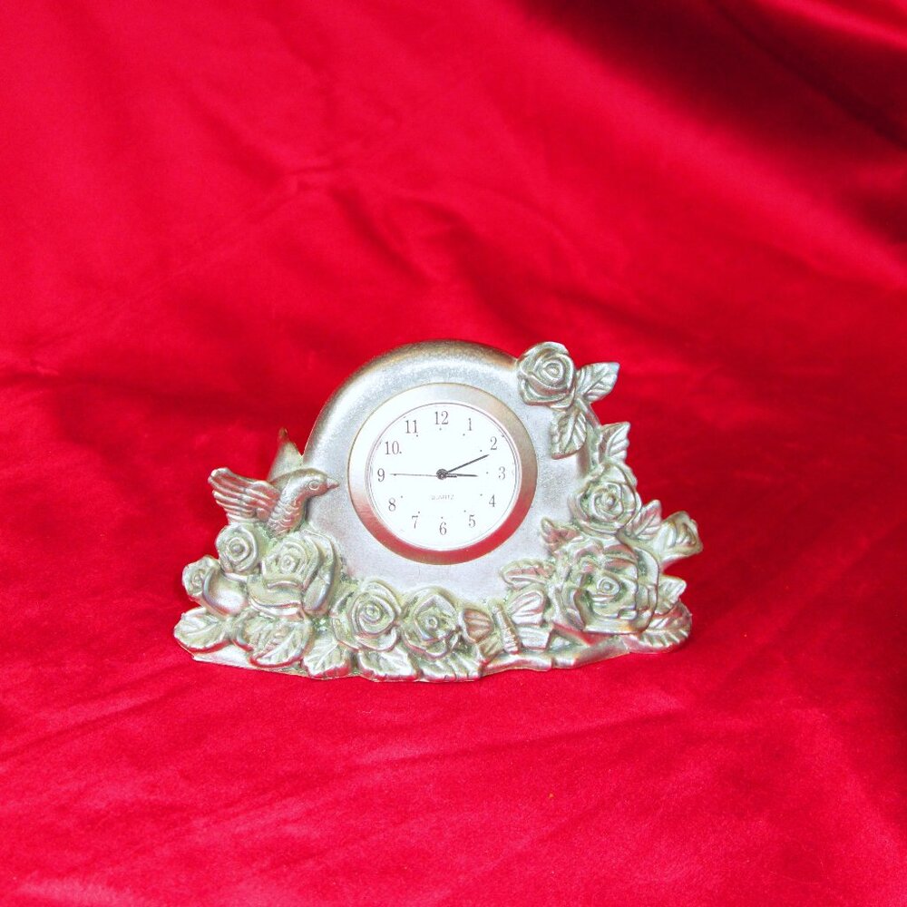 Vintage Floral Desk Clock with Bird & Rose Motif